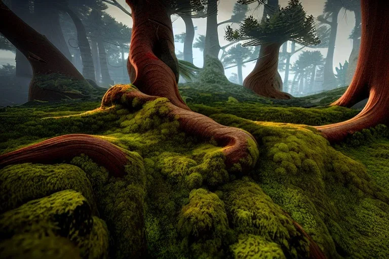 GIGANTIC SANDSTONE TERRAIN,TUNDRA TORNADO,MOSSY FOREST ROOTS,ROTTEN TREE STUMP, unity engine, bloom,cinematic lighting,blue tone, octane render.