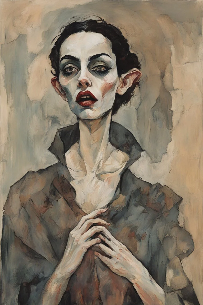 Painting of a savage Nosferatu vampire girl, in the Expressionist style of Egon Schiele, Oskar Kokoschka, and Franz Marc, in muted natural colors