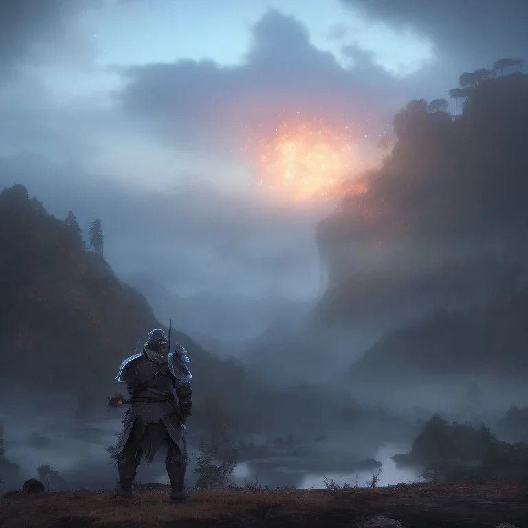 Distant epic scenary. Heavy rain. Epic Lighting in the night sky. Knight with magic scroll in hand. Falling meteorite in the sky. Fireball. Meteorite burning in the distance. Dark, black mud.