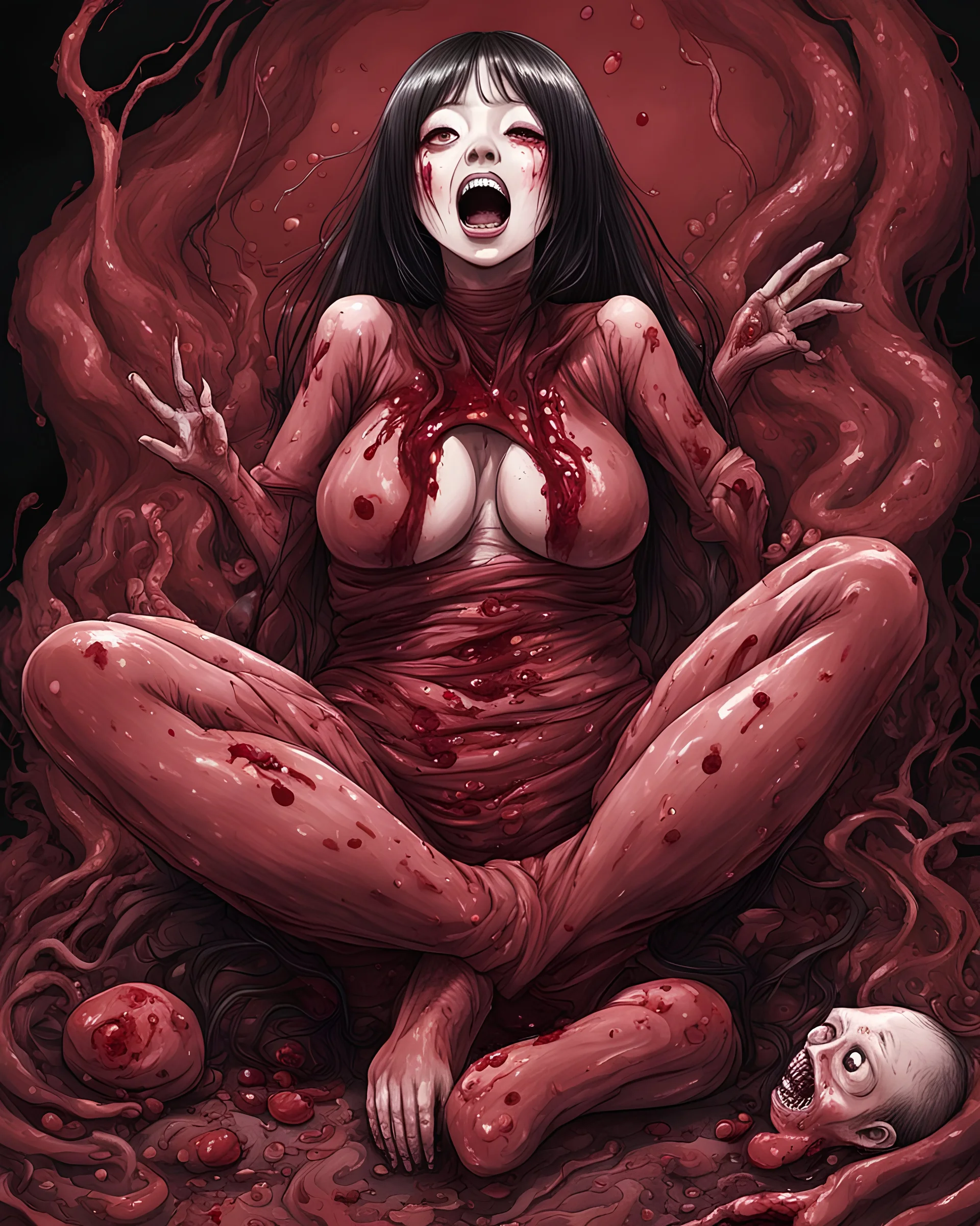 Petit weird woman crushed inside really darkred fleshy stomach filled with digestive juices, sit pose, fullbody, screaming, tears, Junji Ito style, darkred tones,