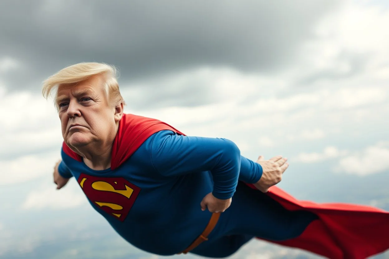 a thoroughly confused, frail, elderly and obese donald trump flying through the air dressed as superman