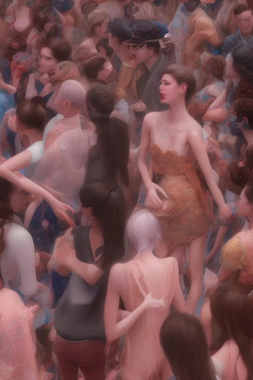 Two woman catches each others eyes in a crowd full of people. The attraction is overwhelming. Chaos50 with 8k high resolution