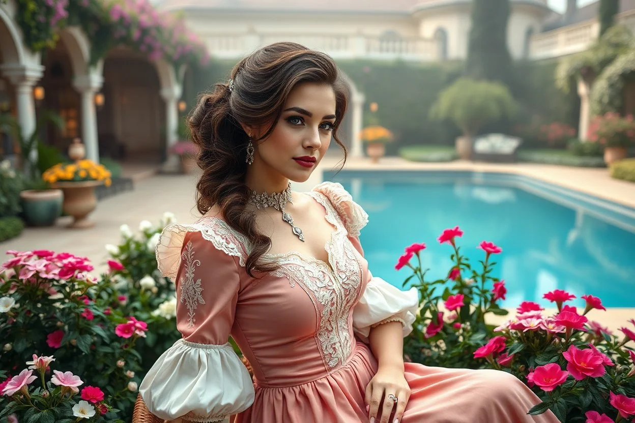 a luxury villa yard with pool in center and pretty plants trees flowers, morning mist, lost paradise atmosphere,a pretty model lady in victorian clothingresting in a comfort next to pool side in flowers to camera that capture closeup full body shot of her majesty.