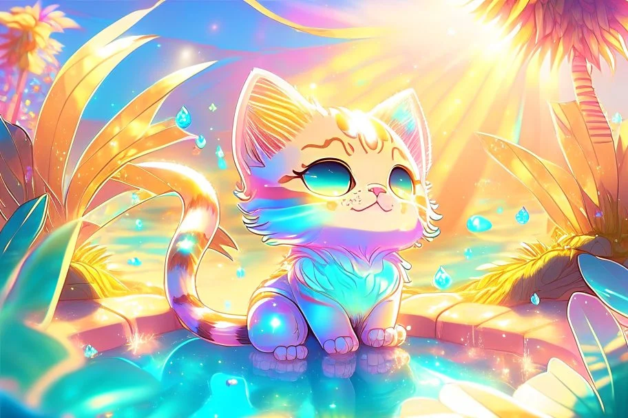 cute chibi cat in holographic paradise in sunshine