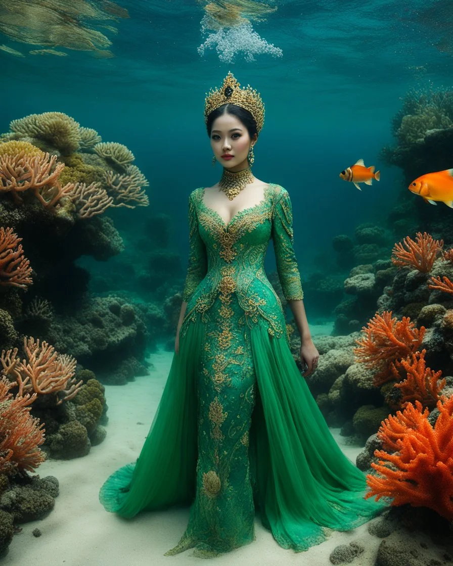 Gorgeous Photography Beautiful Queen Luxury Dress Traditional Javanese Color Green,She Walk in An underwater scene teeming with colorful coral, full busy clownfish, and gentle sea turtle