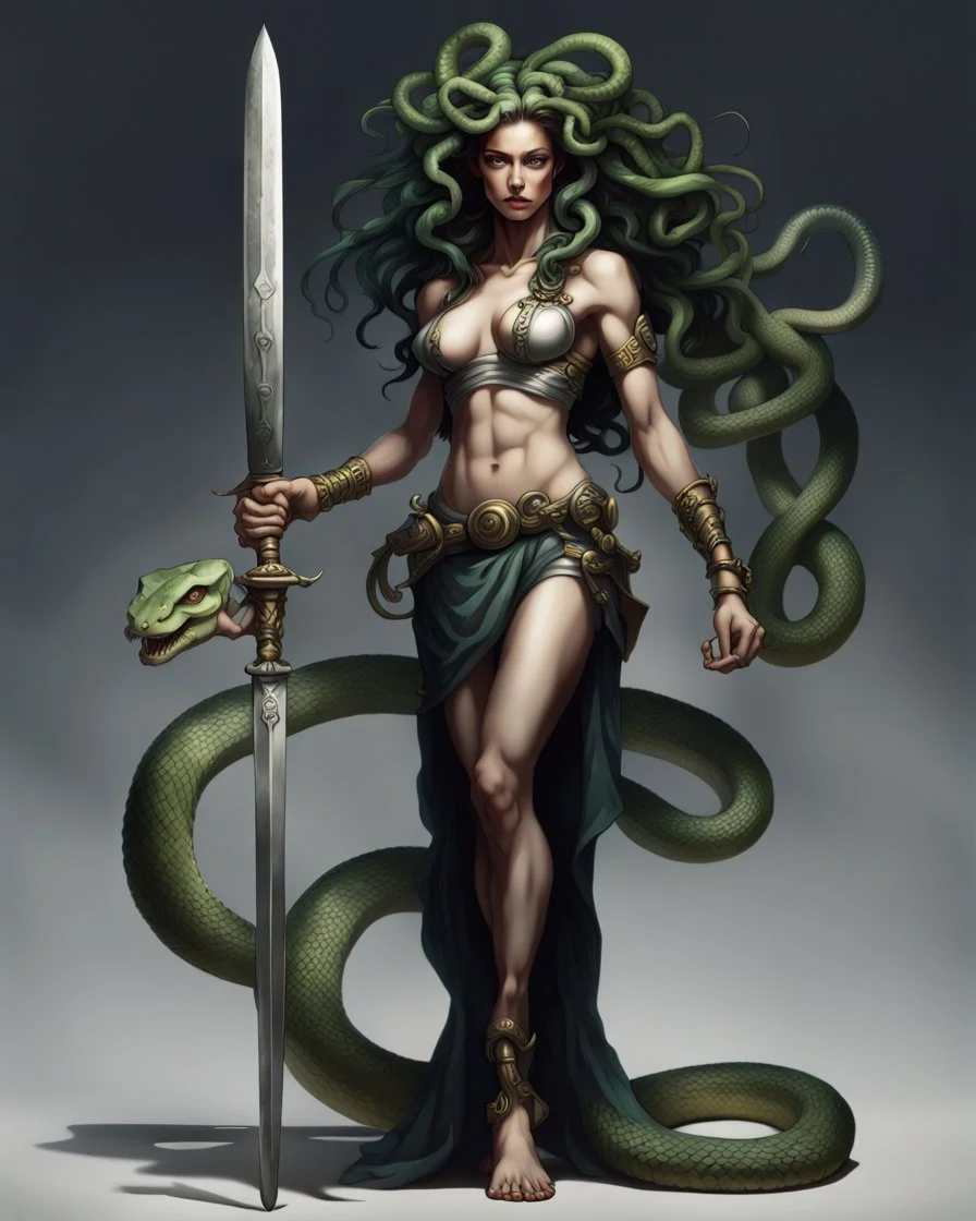 detailed persona, female, sword in hand, gorgon medusa, half turn, full height, leans on one leg, snakes on the head instead of hair