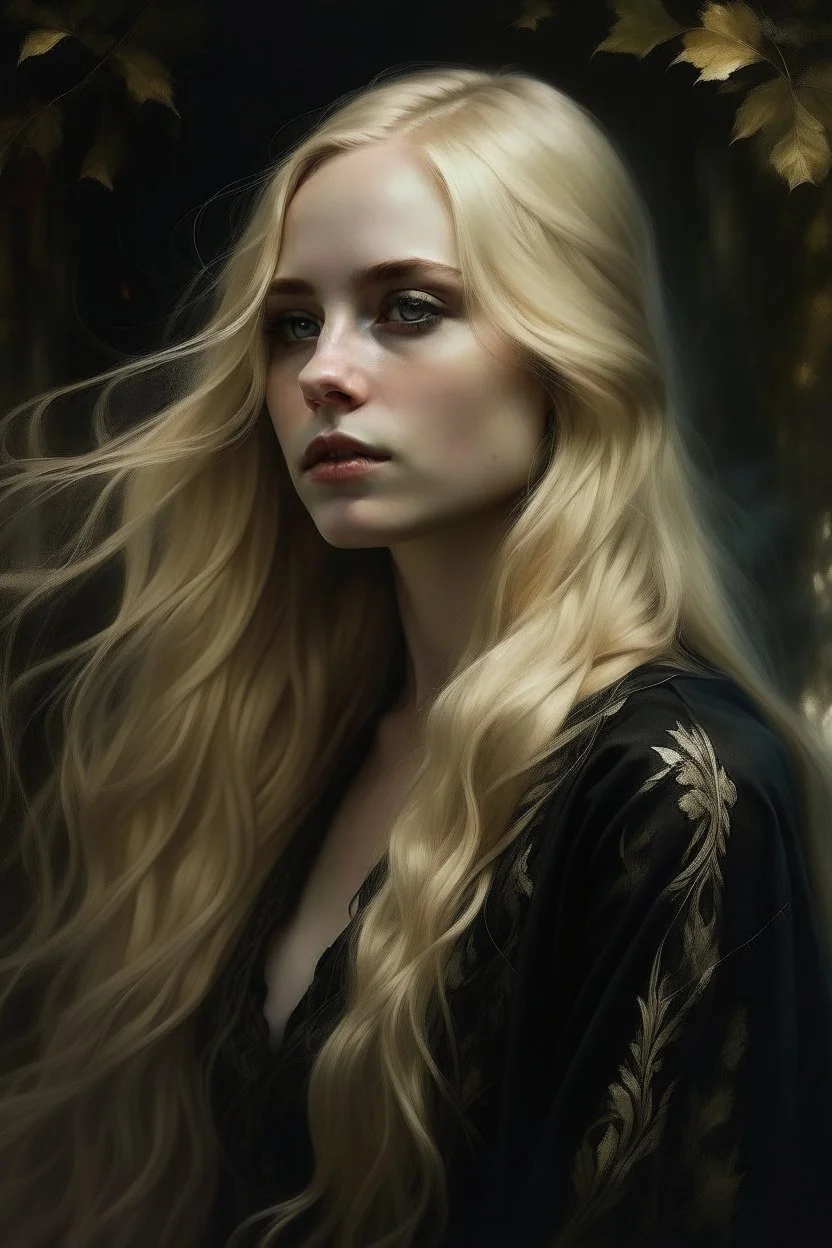 Portrait of a human woman, long blonde hair, dressed in black, pale,in a fantasy world