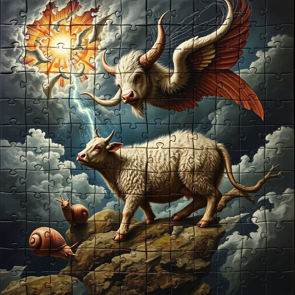 geometric composition of almost fully laid small puzzle pieces tapestry showing angry god storm in heaven suffering through a pinhole cam picture of heavenly fluffy elevated messed up woodland elongated slimy cow snail story teller and ad & d monster creatures flock painted by Nerdrum and Rembrandt