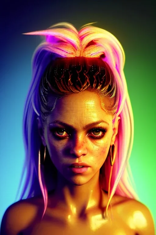 portrait, Shakira, blonde artist, angry, Realistic image, latex style dress. Skewers, loose long hair, eyes make up, perfect, glow, circle iris. Neon colors, leds, geometric shapes. Dark background, photo studio, neon lights. Cyberpunk, concept art, smooth, unreal engine 5, god lights, ray tracing, RTX, lumen lighting, ultra detail, volumetric lighting, 3d, finely drawn, high definition, 4k.