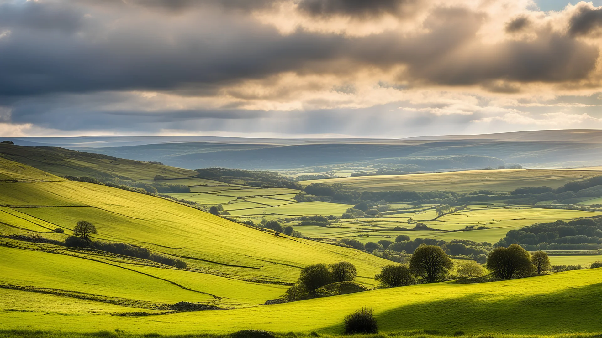 View across the valley in the Yorkshire Dales with beautiful clouds, late afternoon sunshine, stone walls enclosing the fields, gentle hills and valleys, river, calm, peaceful, tranquil, beautiful composition