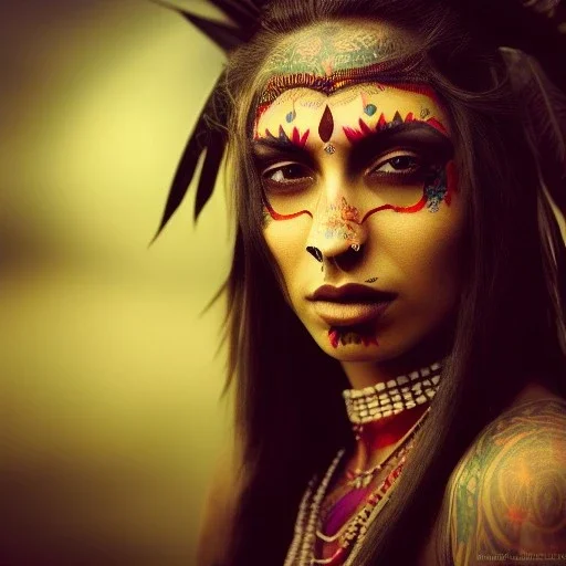 mystic indian woman, perfect, face tattoo, long hair, head and shoulders portrait, cinematic, 8k, dynamic lighting, hyperdetailed, intricately detailed