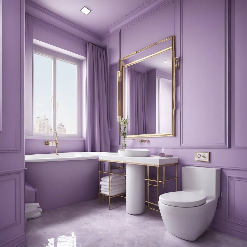 hotel bathroom, modern classic style, lavender colors, 3d