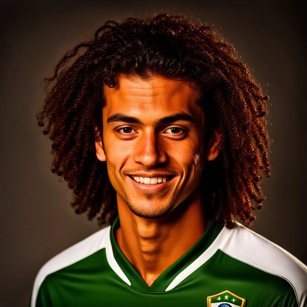 85mm DSLR color photography of a very detailed headshot fitting all of head and hair in frame. 23-year-old Brazilian soccer player, with and with no facial hair and has a with a small smile, grey background has a soft look on his face has smooth long hair