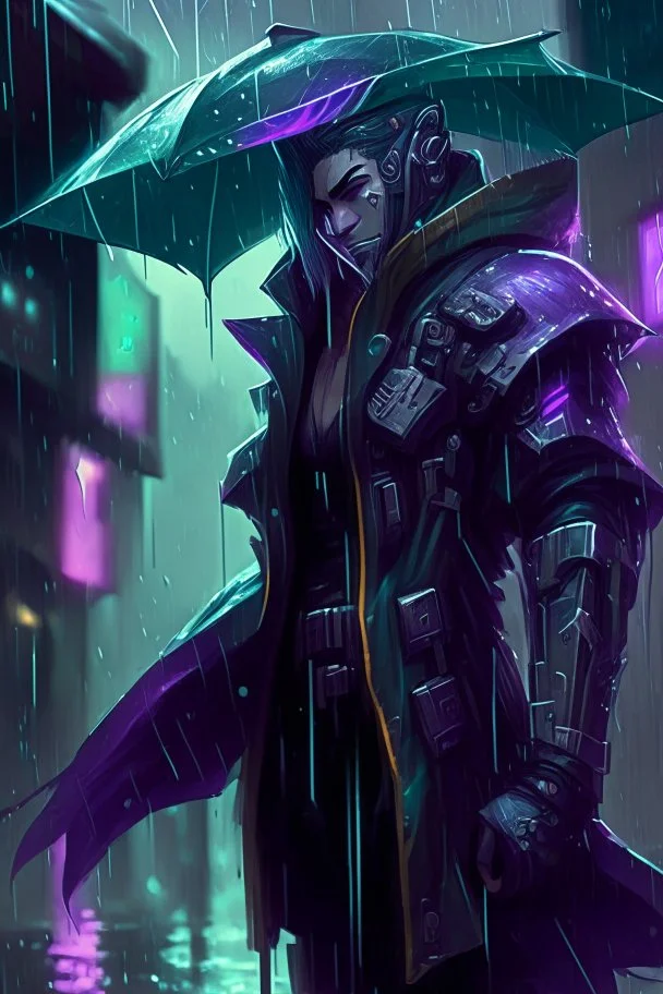 Shen from League of Legends in style cyberpunk in the rain