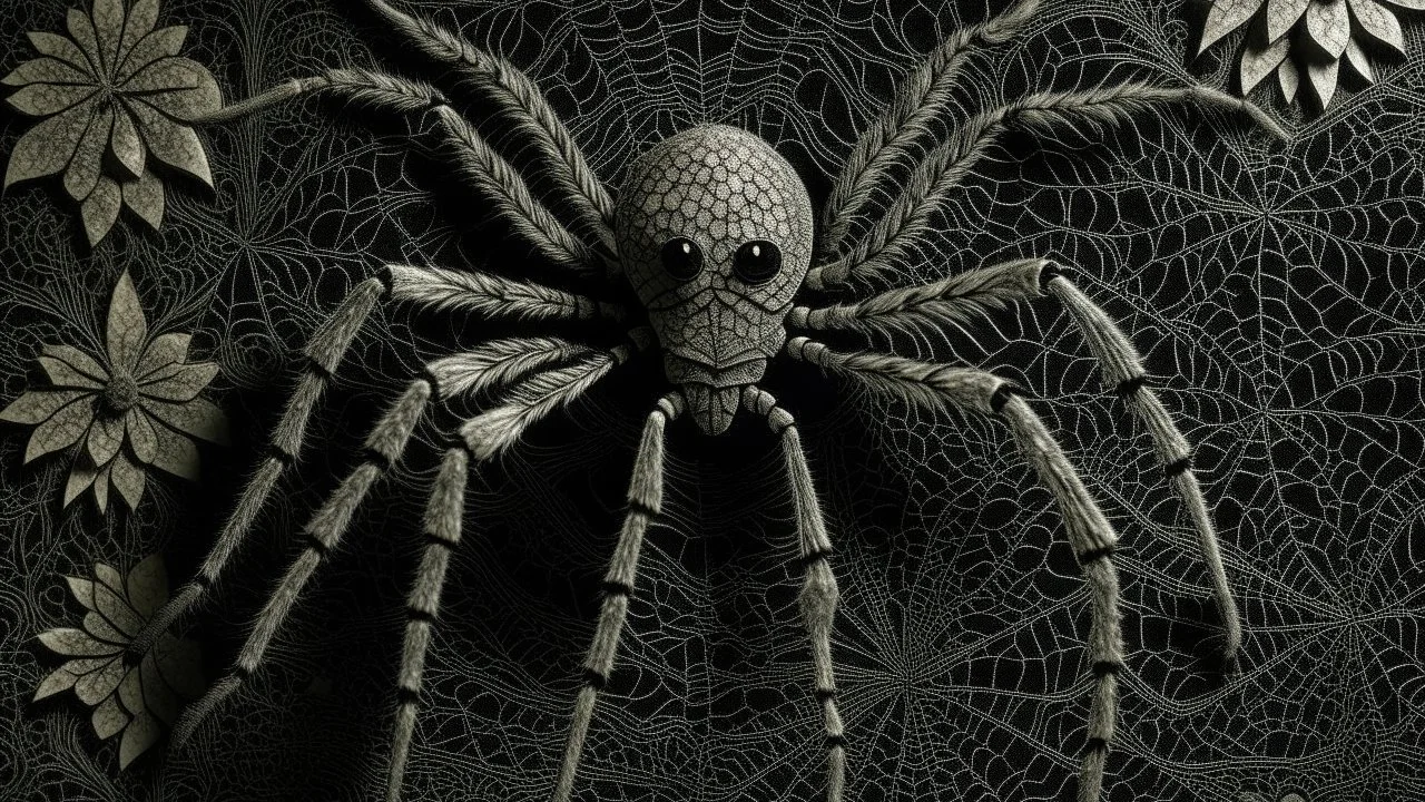 A gray shadow elemental spider designed in Javanese shadow puppets painted by Georges Seurat