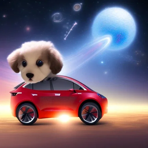 A Tesla Model 3 flying in outer space with a stuffed puppy in the driver’s seat