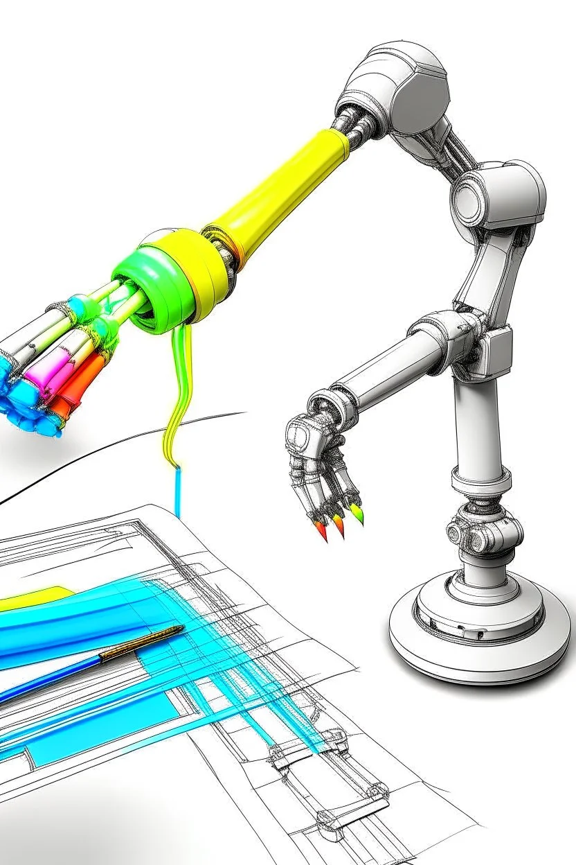 Draw a colorful cover image. What it's about is flexible link robotic arm with flexible joints that are drawing a three-dimensional model. Only display flexible robotic arms.