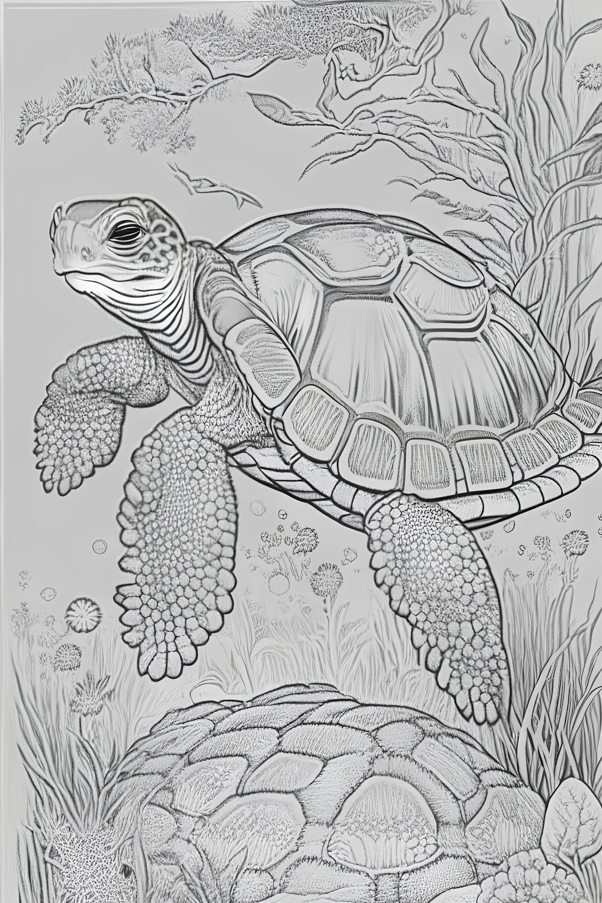 coloring book page of a magical turtle, monochrome, black and white, sharp, sketch drawing