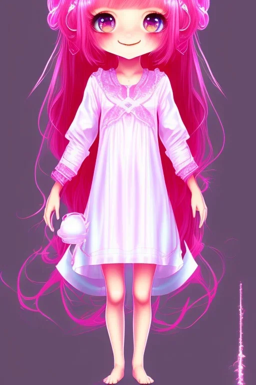 Loli wearing long nightgown, hands behind back, wholesome, innocent, long pink hair, tilted head