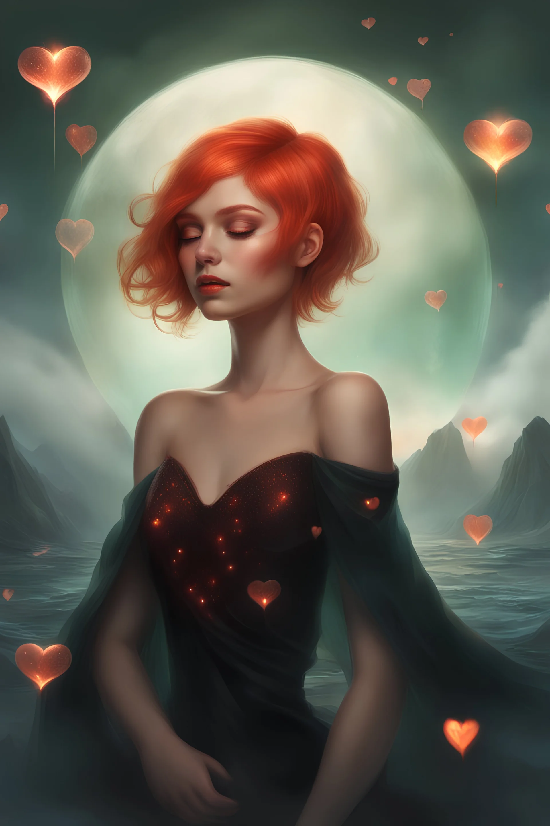 3D Bubbles, Floating hearts with an electrical current, fog, clouds, somber, ghostly mountain peaks, a flowing river of volcanic Lava, fireflies, a totally gorgeous woman with short, buzz-cut, pixie-cut red hair tapered on the sides, green eyes, wearing a black, sinister, mermaid dress