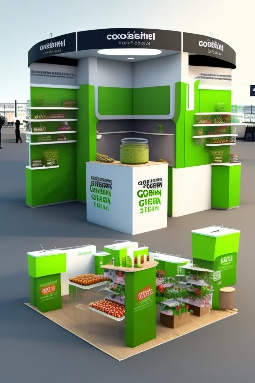 Corner green exhibition stand of a food company with product displays and a meeting area