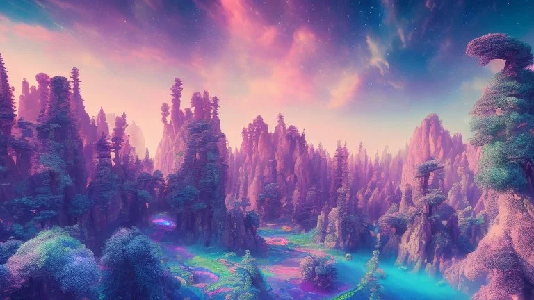 colorful crystal cosmic and galactic ambiance mountain hill sky rocks sunny trees pools surreal, full of details, smooth, bright sunshine，soft light atmosphere, light effect，vaporwave colorful, concept art, smooth, extremely sharp detail, finely tuned detail, ultra high definition, 8 k, unreal engine 5, ultra sharp focus