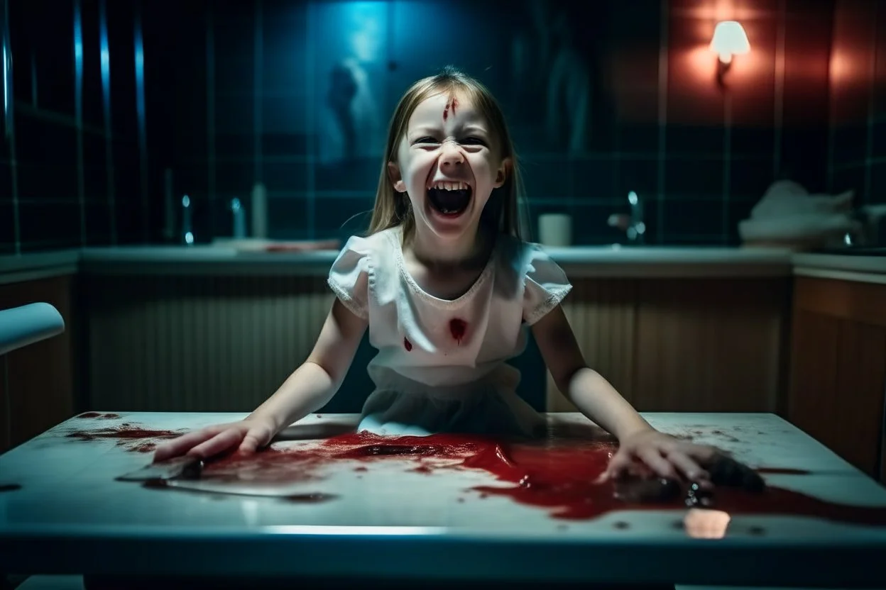 wide hd photo of a little girl, full body, smiling with her mouth open lying on the table in a medical context at the dentist. blood from her mouth stains her short white dress, room midle underwater, dark tones,