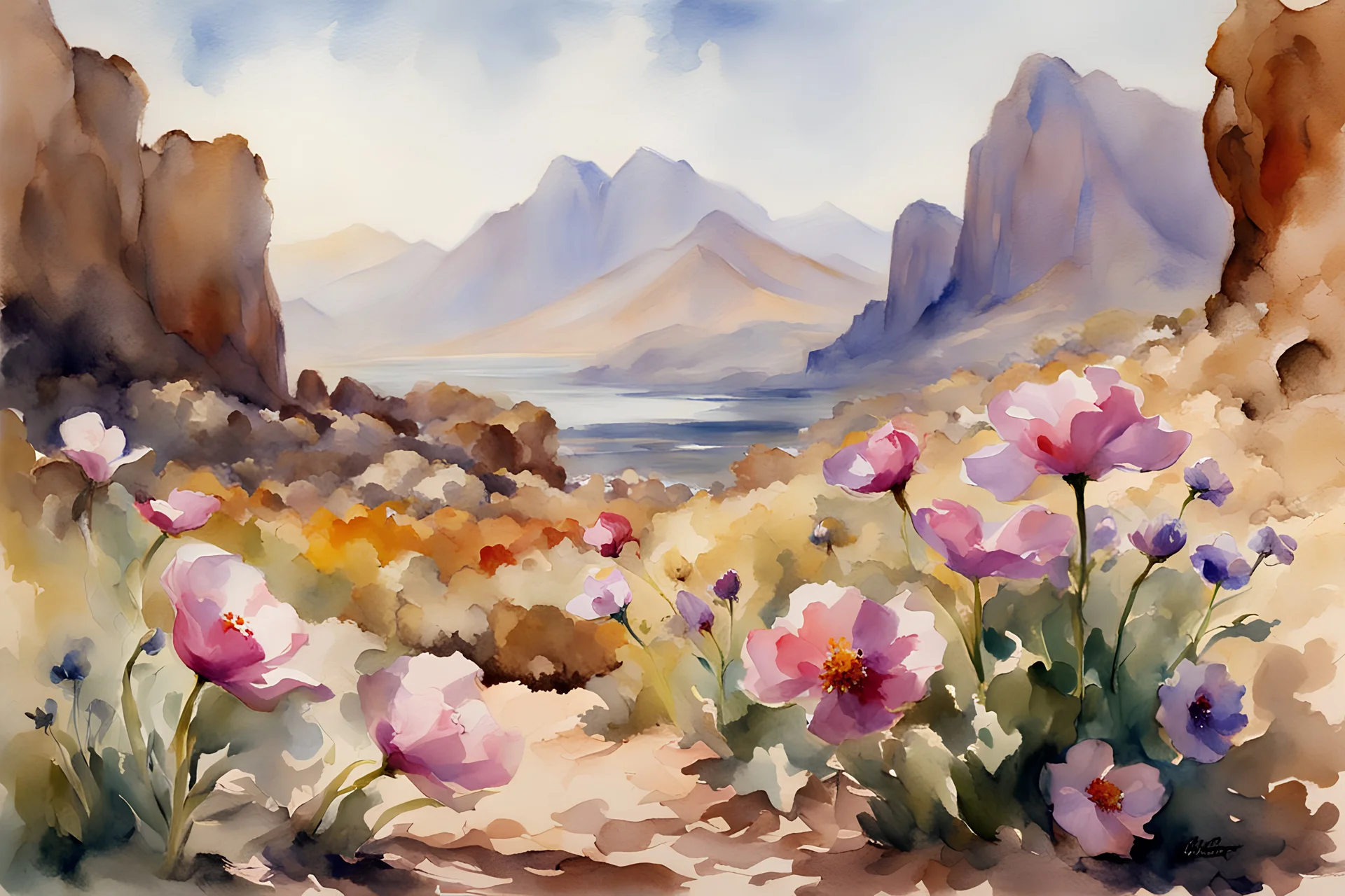 Sunny day, flowers, mountains, rocky land, fantasy, sci-fi, john singer sargent watercolor paintings