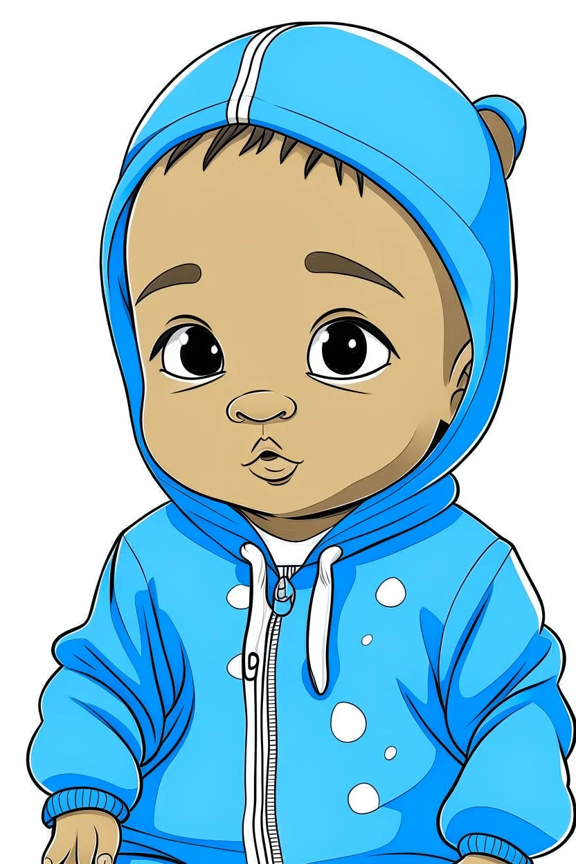 an anime style drawing of a blasian baby boy. hes wearing blue royal baby onesie