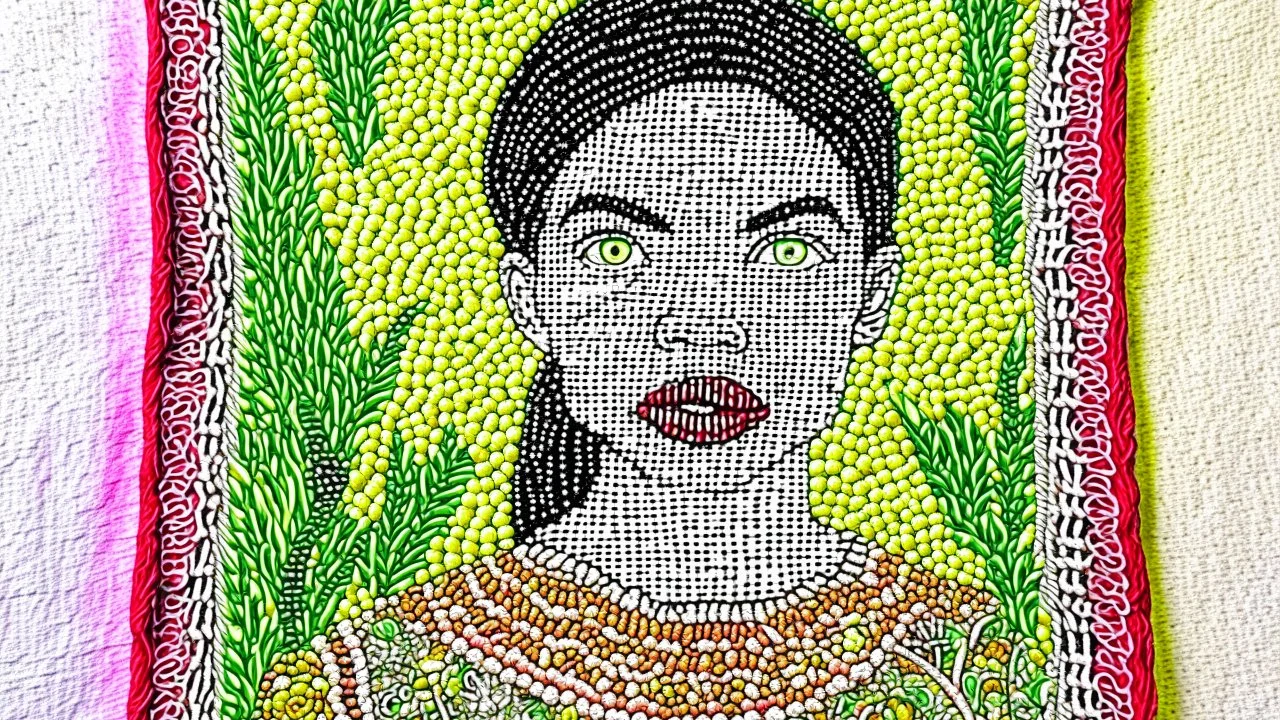 Make a Wide Fabric Panel of embroidery,5 portraits , weave with threads, tapestry