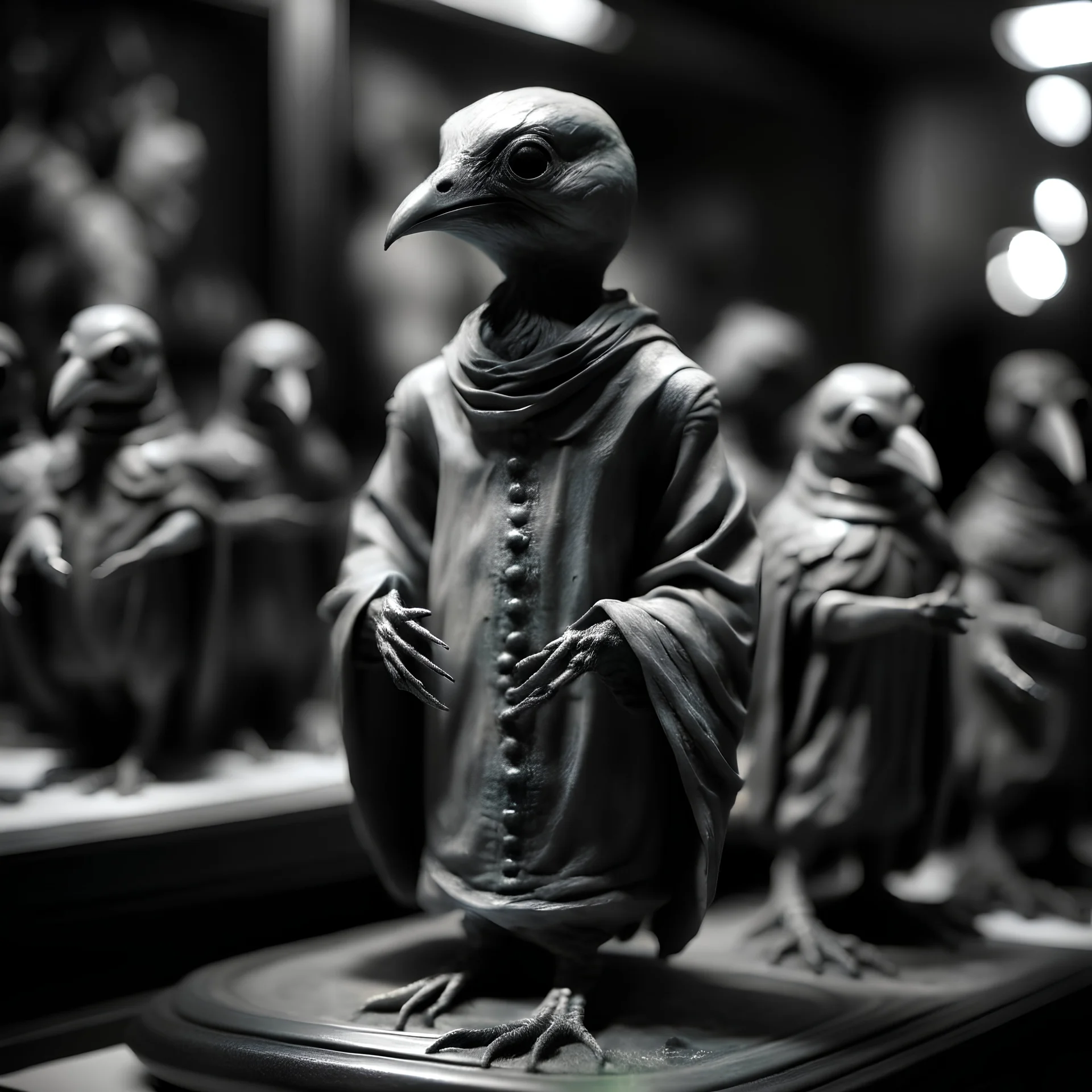 a statuette of a creepy birdperson cult in a display greyscale photo