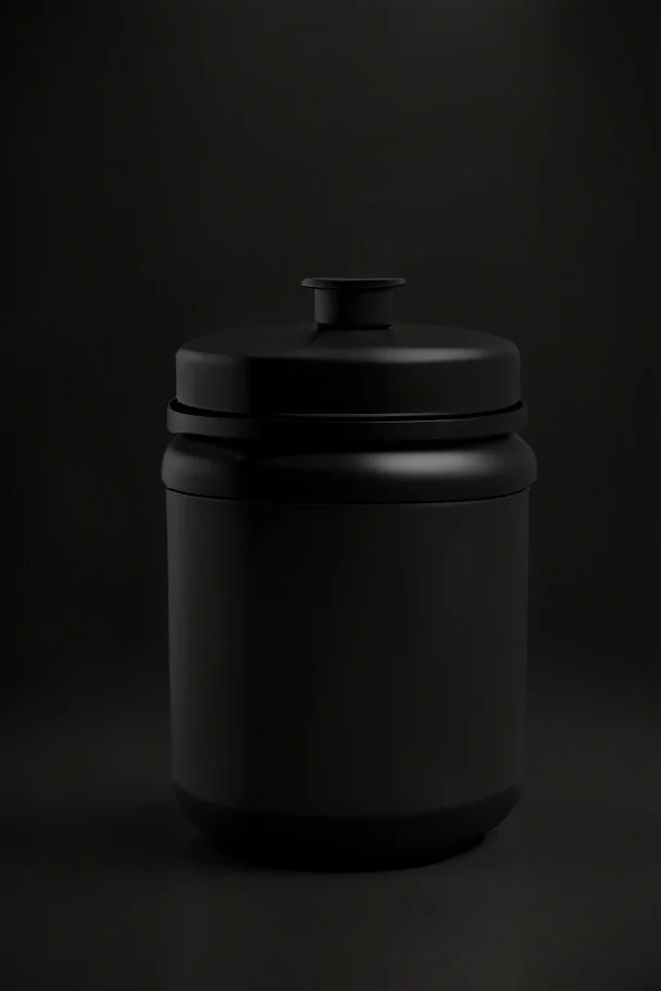 black container, plastic, realism, with screw lid, no labels, round container, view from the front, protein powder, dark studio setting, black background