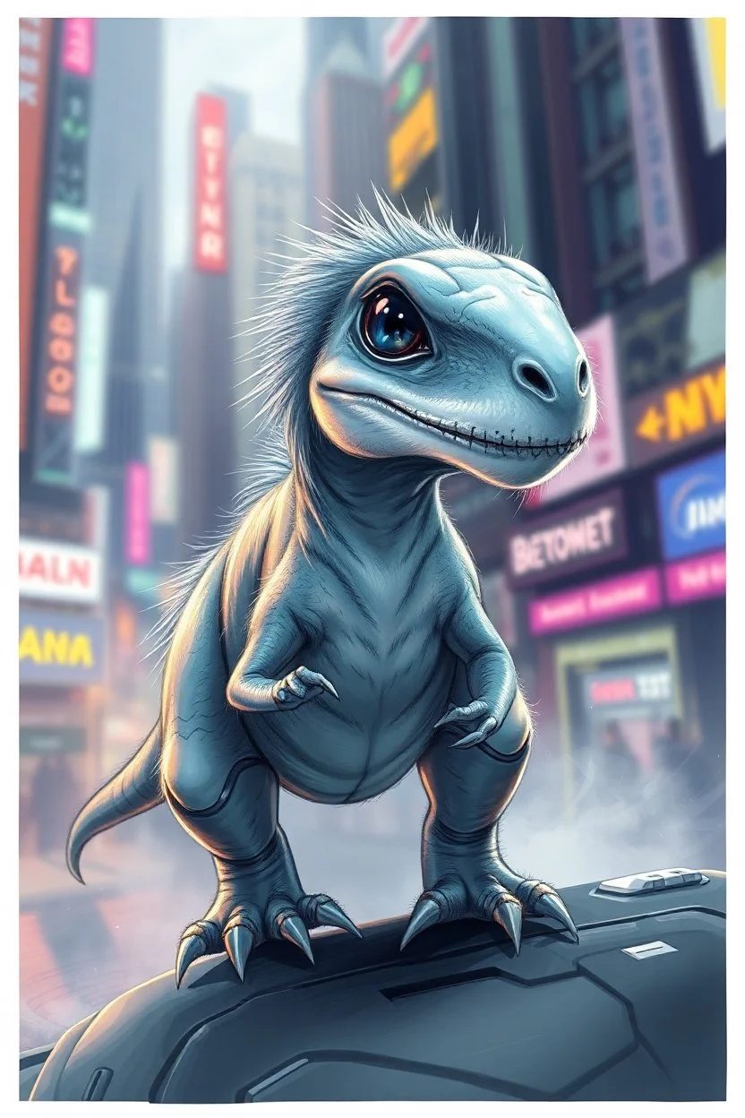 transparent furrysleek dinosaur weasel with cute fur, in big cyberpunk city crossover, volume light and motion blur, airbrush and pen outline in background only