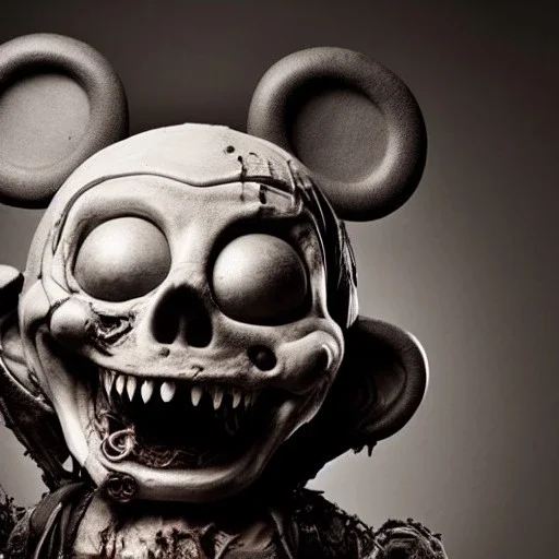 Rotting corpse zombie who is mickey mouse smiling, evil, arms forward like a mummy, fangs, sharp focus, ears