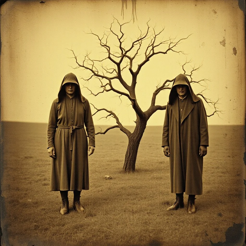 Daguerrotype, mysterious figures, odd background, tree