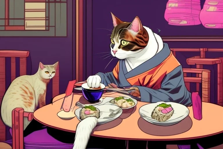 A cat wearing clothes is sitting at a table eating sushi. Manga style. Perfect iris. Paws