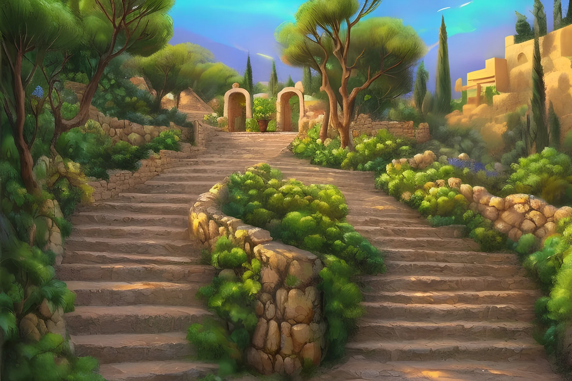 tzfat marker artwork of a Path to heaven in the garden of eden heavenly and beautiful, hassidic inspired kaballah