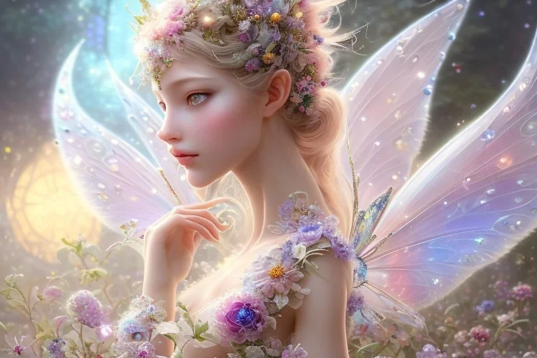 one very little beautiful fairy on a big crystal subtle flower in a galactic ambiance, transparent petals, delicate colors, in the foreground, full of details, smooth, bright sunshine,soft light atmosphere, light effect,vaporwave colorful, concept art, smooth, extremely sharp detail, finely tuned detail, ultra high definition, 8 k, unreal engine 5, ultra sharp focus