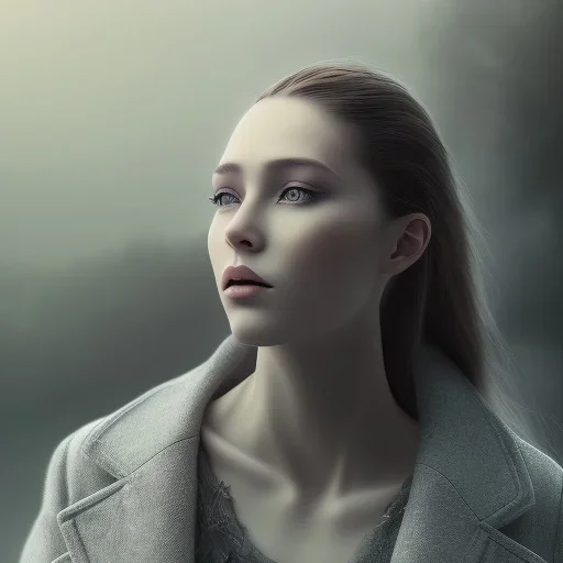 a woman sitting next to a man, portrait, 8K, close-up face, anatomically perfect face, Highly detailed stunning full frame portrait, misty and cloudy atmosphere