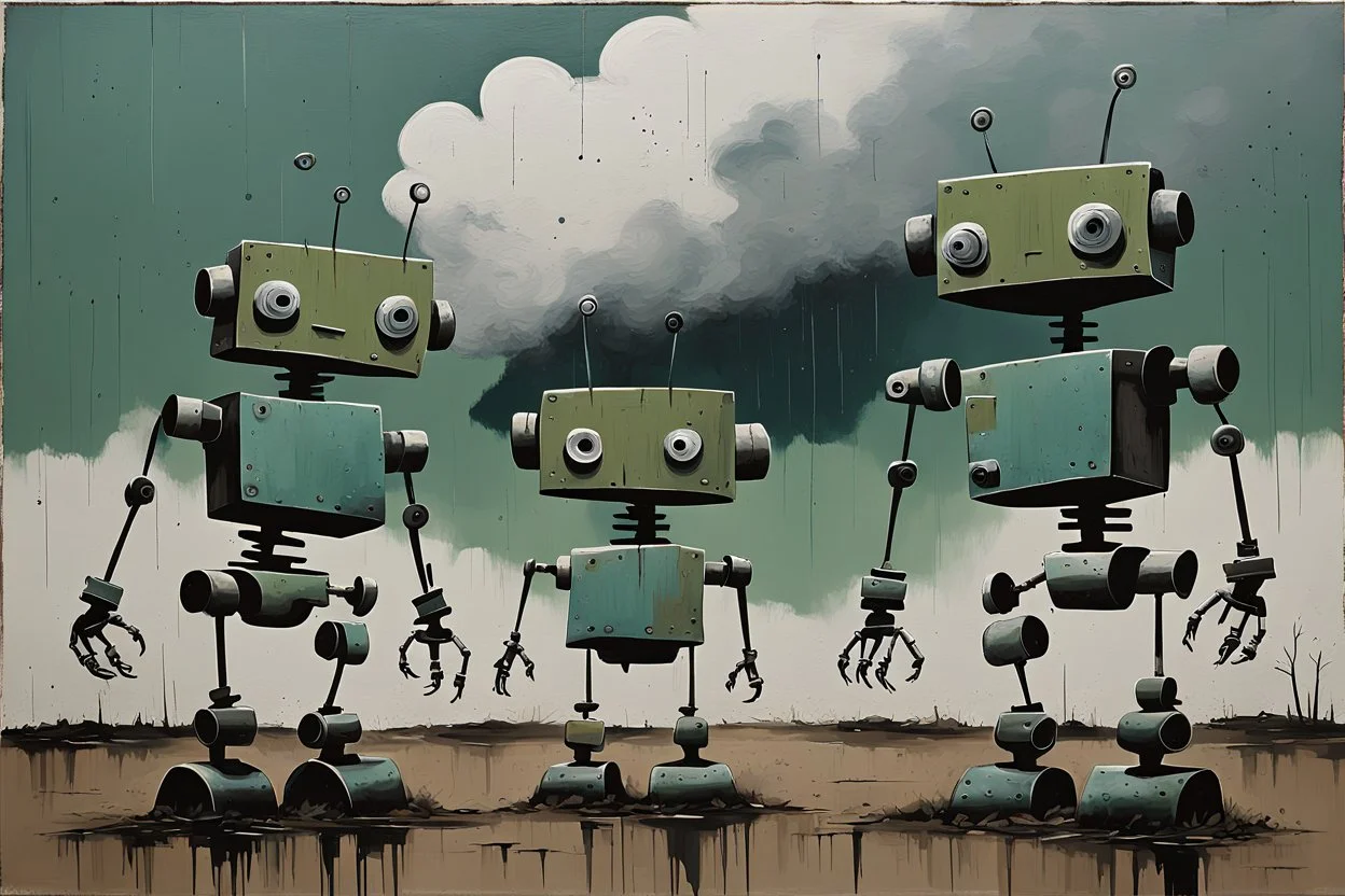 (three:2) determined whimsical robots (made of scrap metal:2) dancing in a scrapyard under stormy sky, acrylic painting, minimal art, centered, wild sparse brushstrokes, amazing verticals, great parallels, low bleak colors of green, drab, beige and black, excellent negative space contrasts
