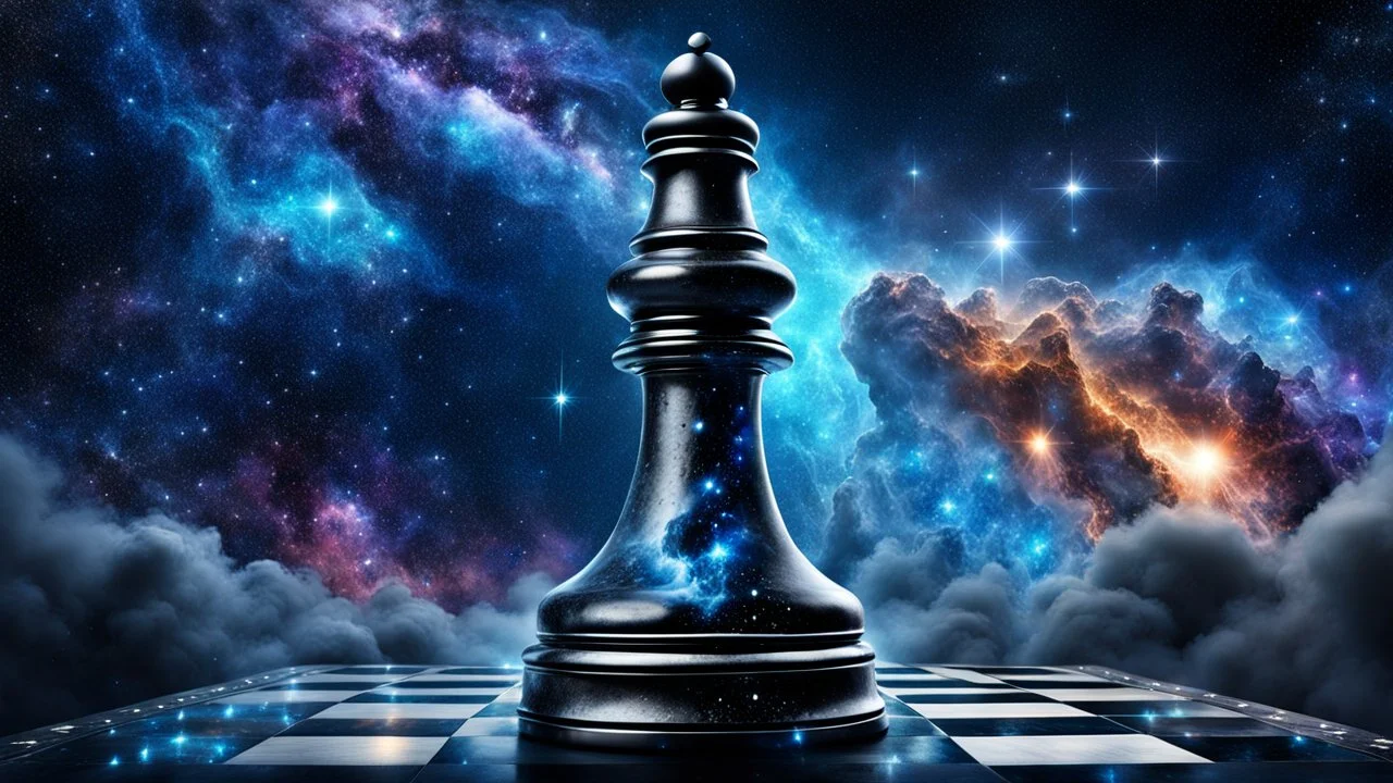 Hyperrealistic illustration of one giant queen chess piece floating in the big galaxy, deep dark universe with stars and nebula, fantasy, dramatic atmosphere. The overall scene moody and surreal, with intricate stunning textures on the queen chess highlight its grandeur and mystery. white-blue mist aura around the chess piece. detailed, stunning illustration