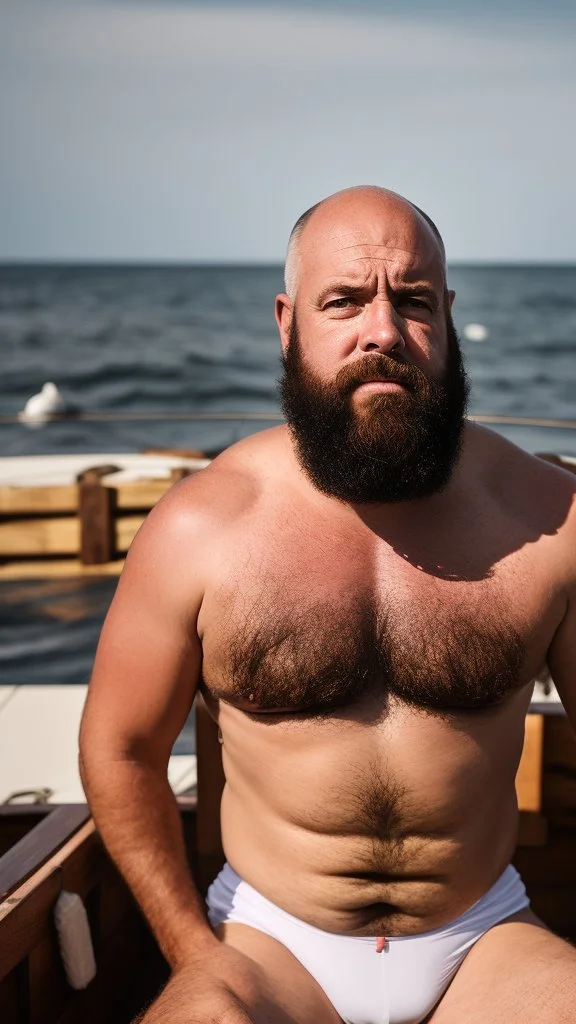 photography of a burly marocan fisherman sunbathing sitted in a fisher wooden boat, in little white french briefs, bulge, tattoo, manly chest, ugly, 41 years old, bullneck, white curly beard, bald, muscular chubby, angry eyes, photorealistic, Canon EOS, 8k