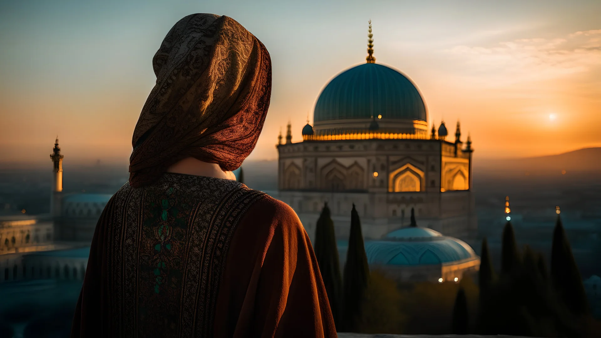 A Palestinian woman wearing an embroidered dress with the Dome of the Rock and the city of Jerusalem in front of her during sunset in winter.