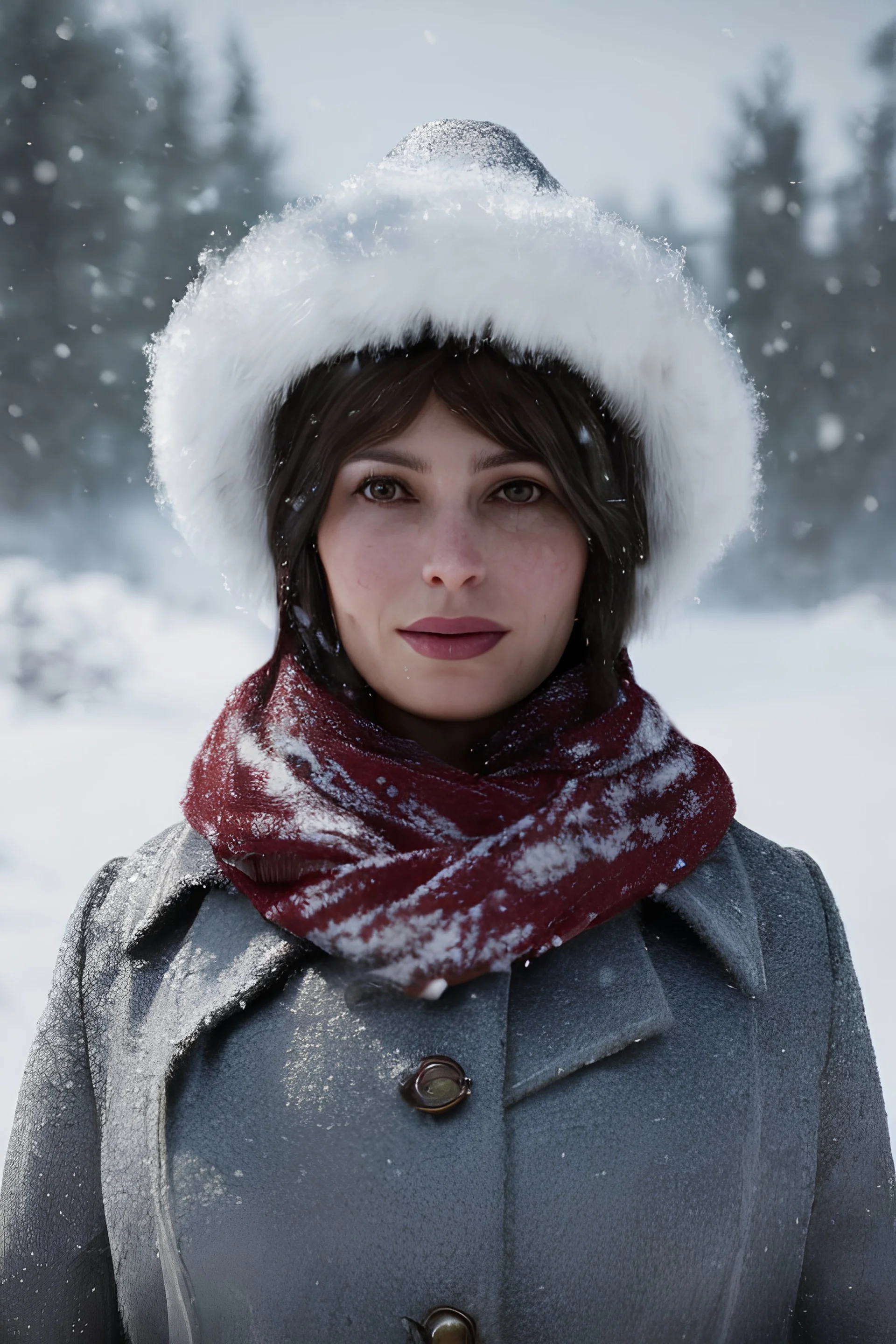 portrait of Maria Taktouk in Syberia , snowfall , winter outfit , realistic skin texture, cinematic, 75mm