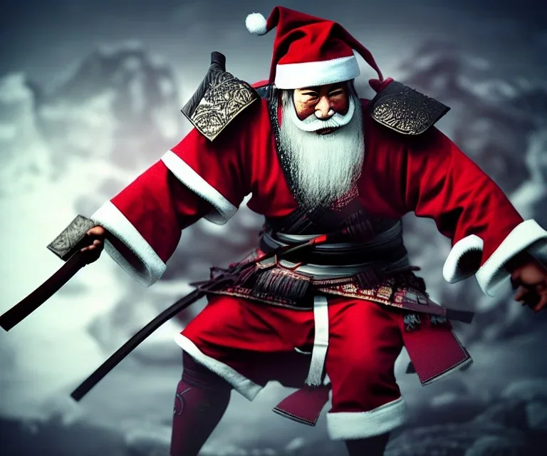 Samurai Santa Claus, dramatic lighting, epic photo, volumetric lighting, detailed, photo realistic, cinematic