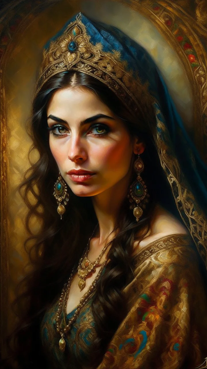 A stunningly radiant Persian woman, her face exudes timeless beauty and grace. Captured in a mesmerizing oil painting, every brushstroke delicately portrays her luminous complexion, enchanting brown eyes, and cascading raven-black hair. The artist's attention to detail brings out the intricate patterns of her traditional attire, adorned with vibrant colors and ornate gold embroidery. This exquisite portrait is a testament to the meticulous craftsmanship and expert artistry, transporting viewers