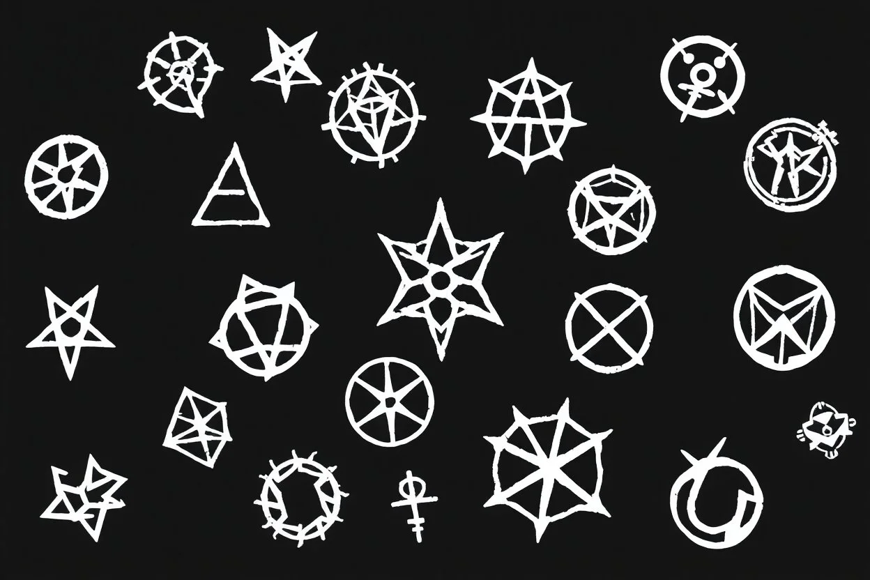 multiple different cryptic symbols spread out. white on black background