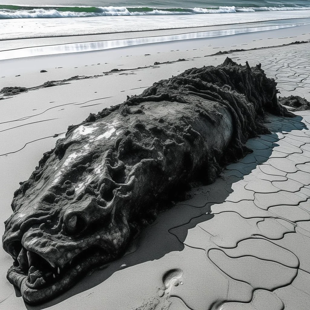 top view, dead gargantuan sea abomination washed up on beach, long shot, dramatic, photographic realism, HD, digital Cannon camera.