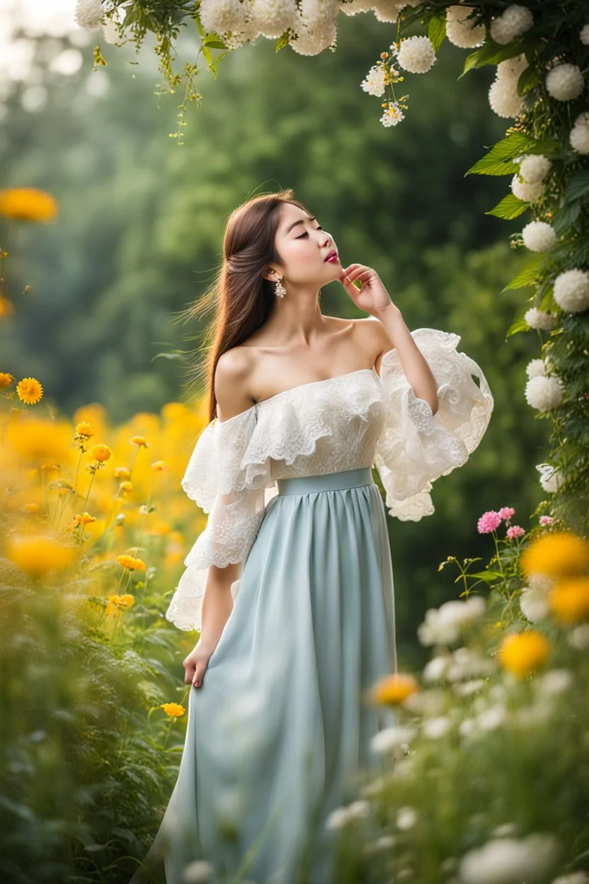 romantic environment heaven flowers clear nice clouds ,young girl gracefully whispering her lovely joy,full body shot.