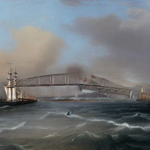 H.M.S. Agincourt clears the Forth Railway Bridge